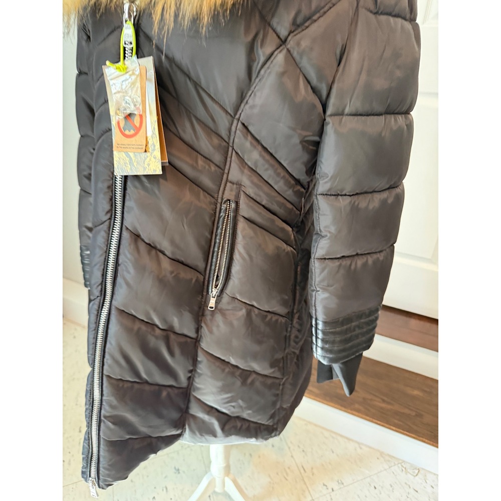 Celsius Womens Black Puffer Parka Faux Fur Hood Double Zip Jacket 1XL NEW nwt - Picture 3 of 15